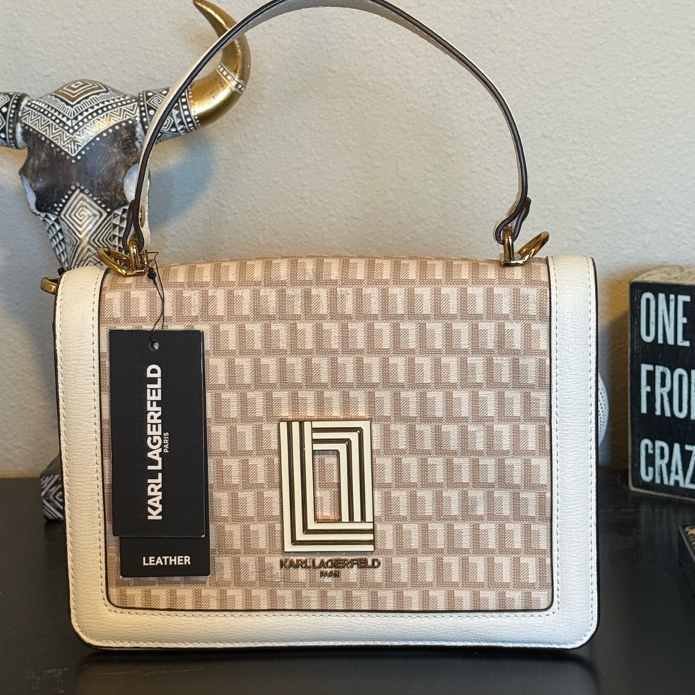 Karl Lagerfeld Beige and Cream Leather Shoulder Bag